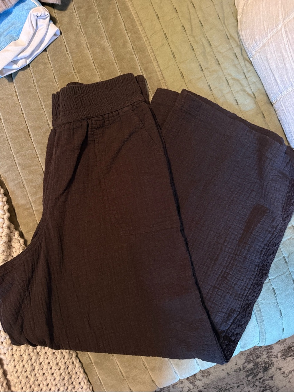 aerie Black Wide-Leg Textured Pants